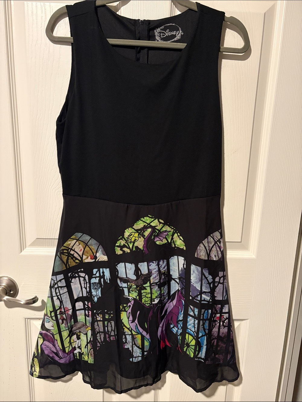 Disney Black Sleeveless Fit-and-Flare Dress with Multicolor Stained-Glass Print